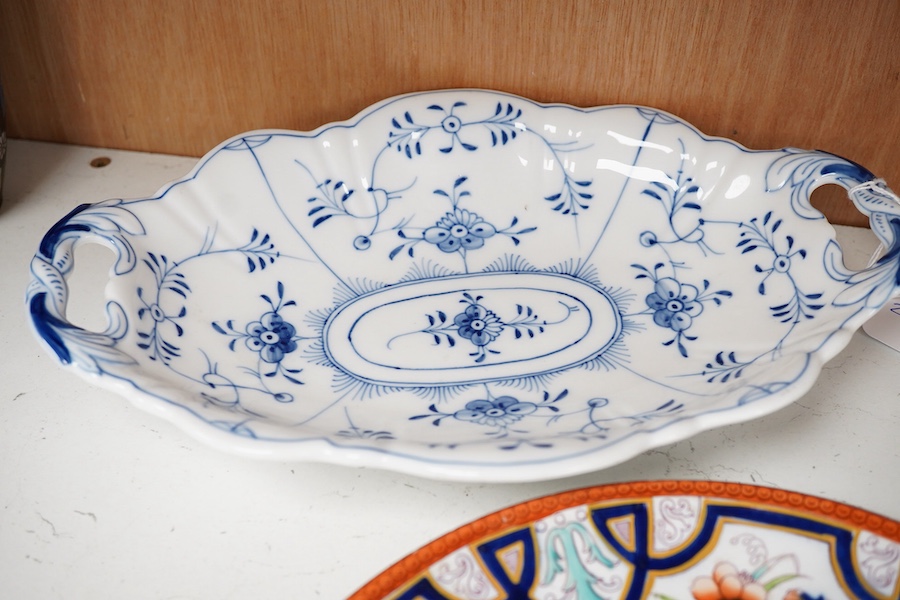 An Imari style plate after a design by Christopher Dresser, together with a Herend onion pattern side dish - 28cm wide